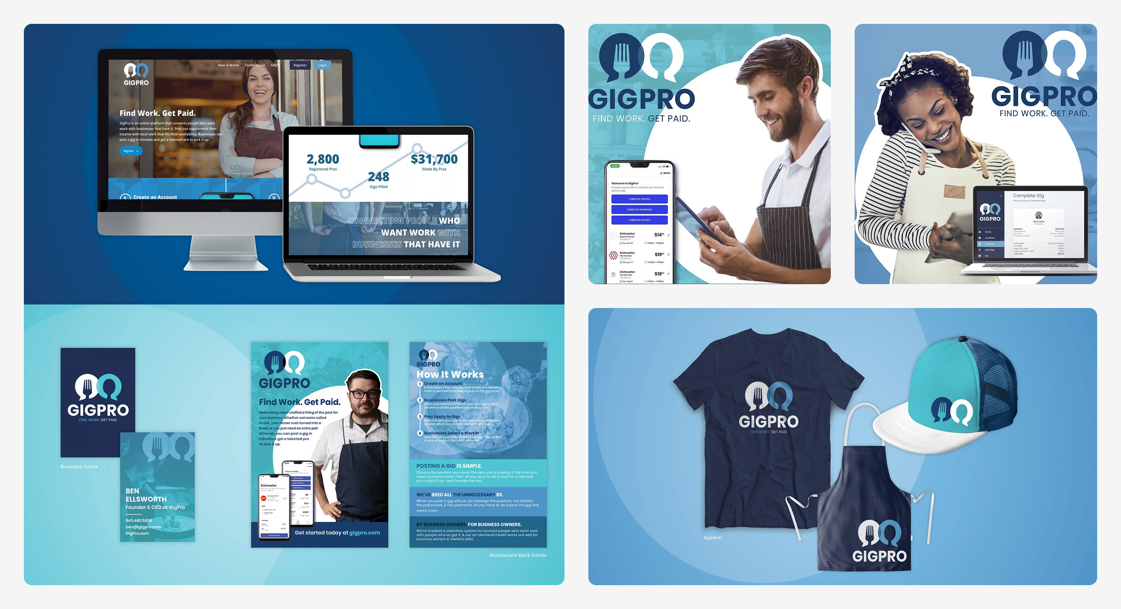 Brand Era 1, 2019 to 2020: the original SideGig-to-Gigpro rebrand shown across website, business cards, marketing collateral, and merchandise