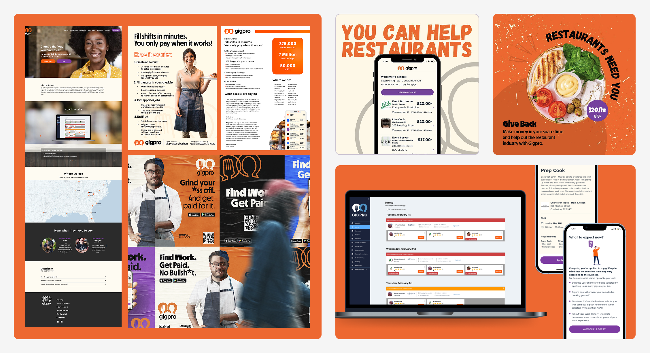 Brand Era 2, 2021 to 2022: the second Gigpro rebrand shown across the marketing site, social ads, and the business web app