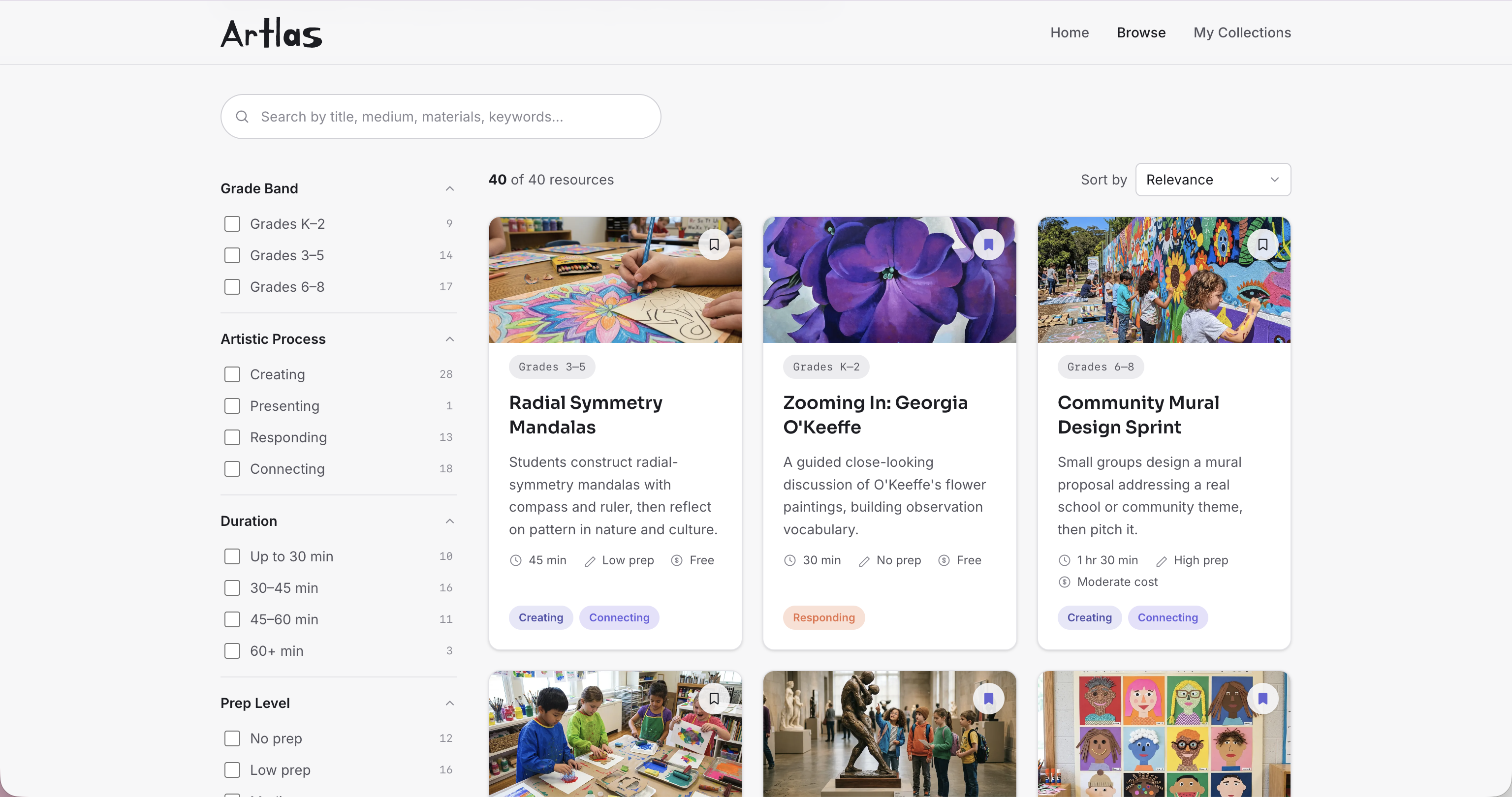 Artlas Browse page showing filterable lesson cards with thumbnail covers, grade band, duration, and prep level