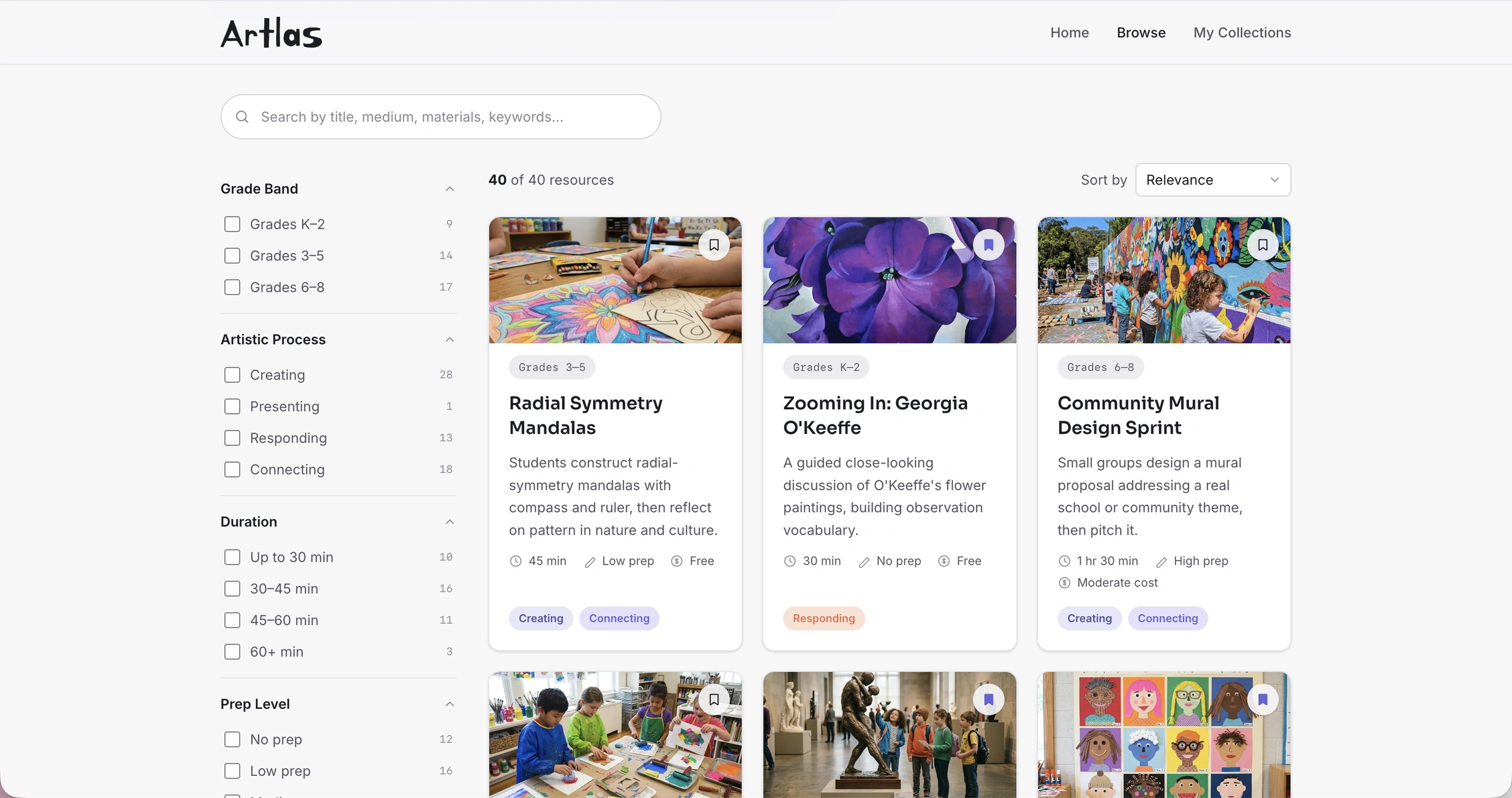Artlas Browse page showing filterable lesson cards with thumbnail covers, grade band, duration, and prep level