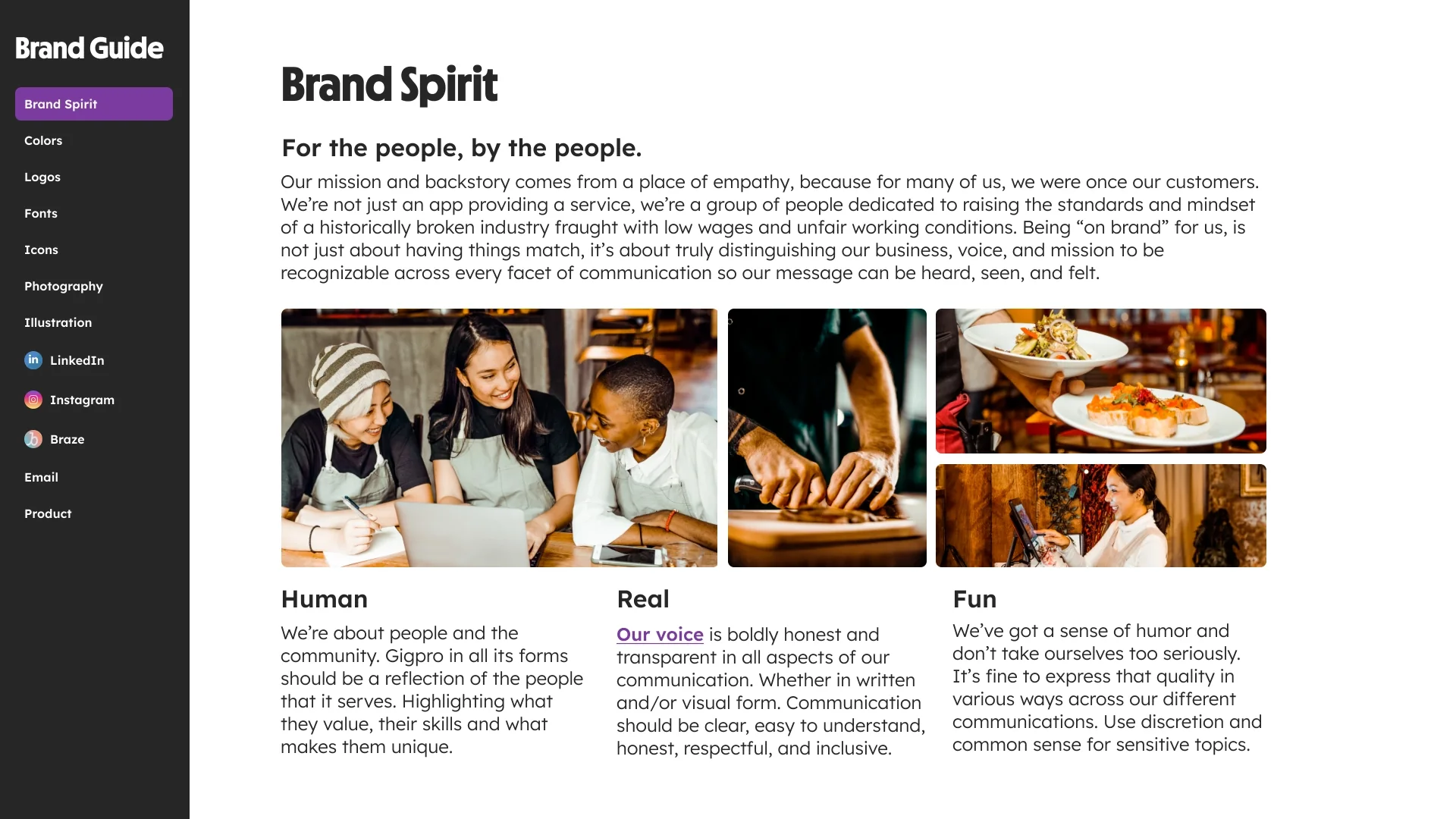 The first page of the Gigpro Brand Guide, titled Brand Spirit: the mission and backstory, three photos of hospitality workers, and the ideas Human, Real, and Fun, with a sidebar listing Colors, Logos, Fonts, Icons, Photography, Illustration, LinkedIn, Instagram, Braze, Email, and Product