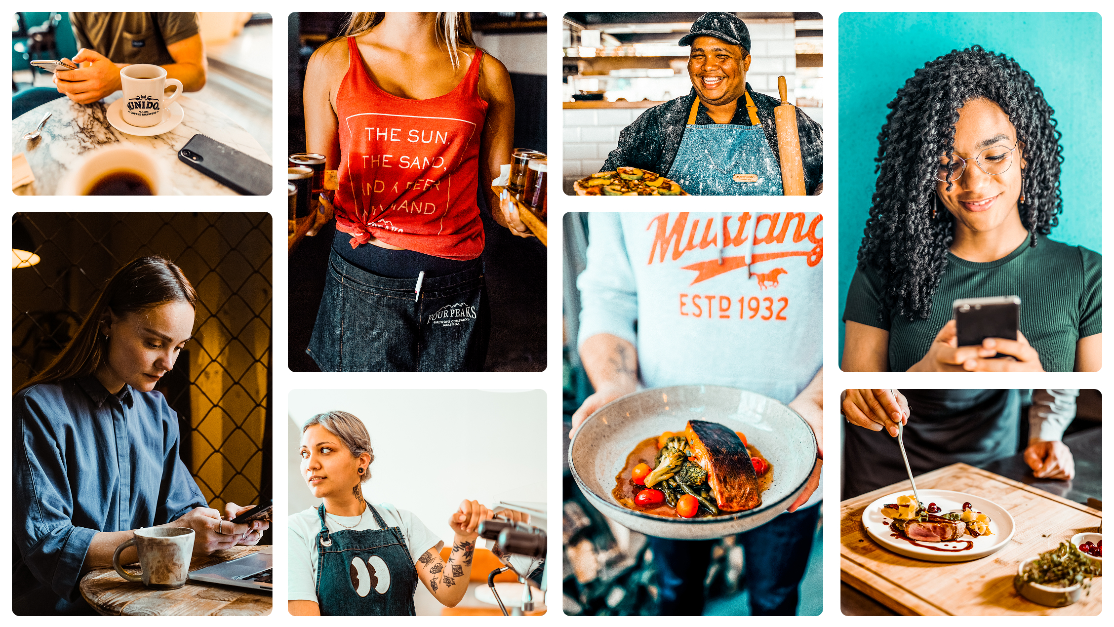 Grid of photojournalistic-style hospitality photography: workers, chefs, and plated dishes, curated for a warmer, more authentic brand feel