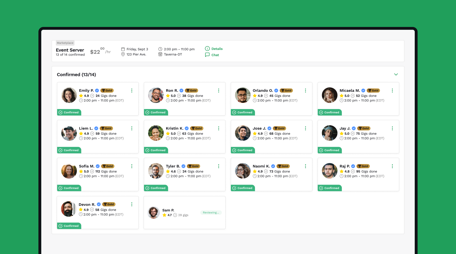 Marketplace matching flow showing recommended Pros with trust signals like ratings, gigs completed, and completion rate