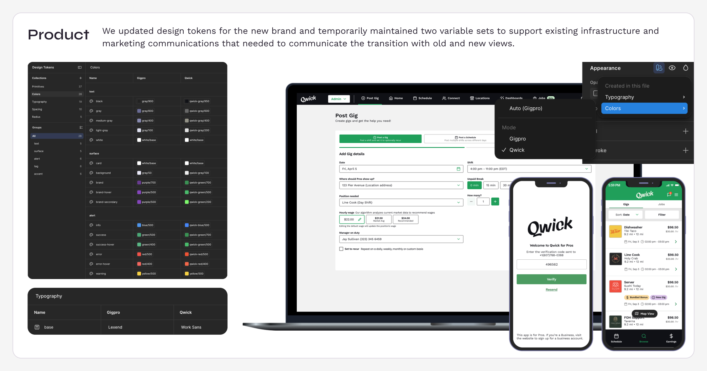 Product panel showing updated Gigpro-to-Qwick design tokens alongside the rebranded business web app and Pro mobile app