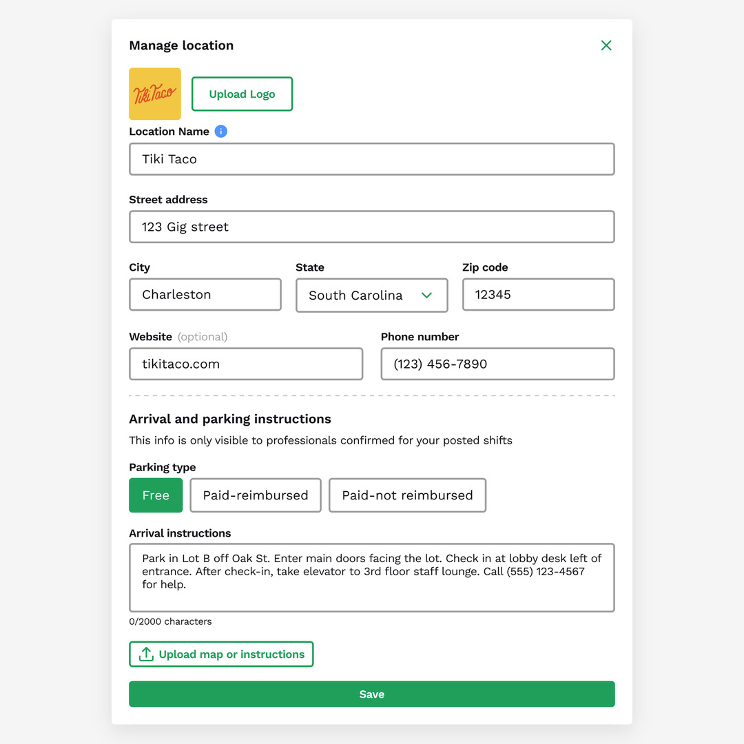 Manage location form for Tiki Taco with address fields and an Arrival and parking instructions section: parking type options, arrival instructions, and an upload for a map or instructions