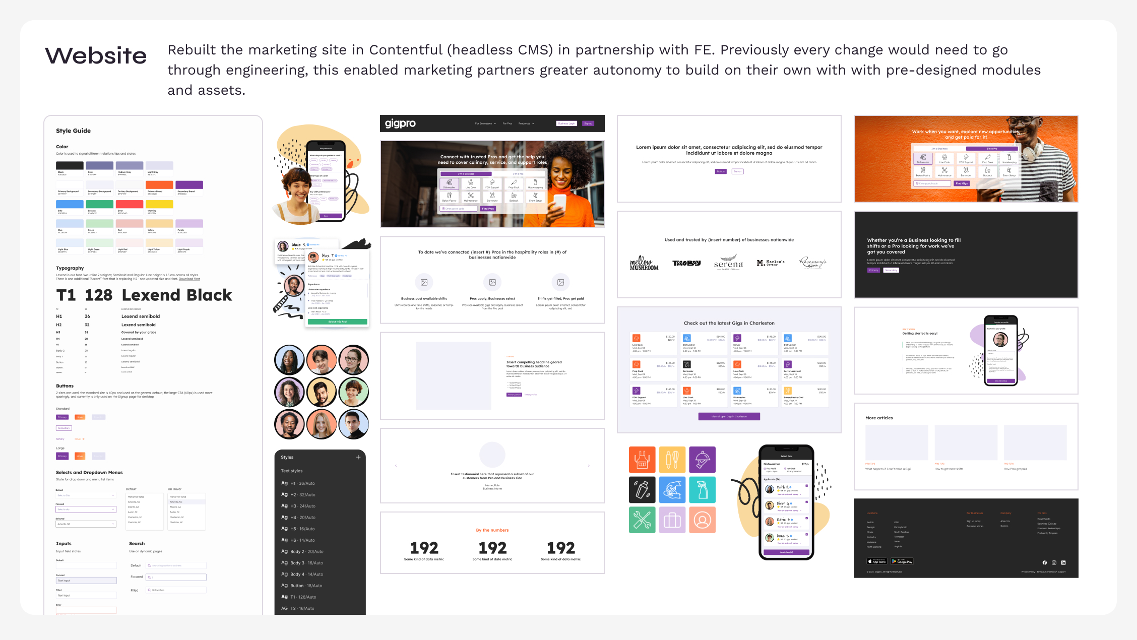 Website design system panel: style guide, color and typography tokens, and applied UI modules for the marketing site rebuilt in Contentful