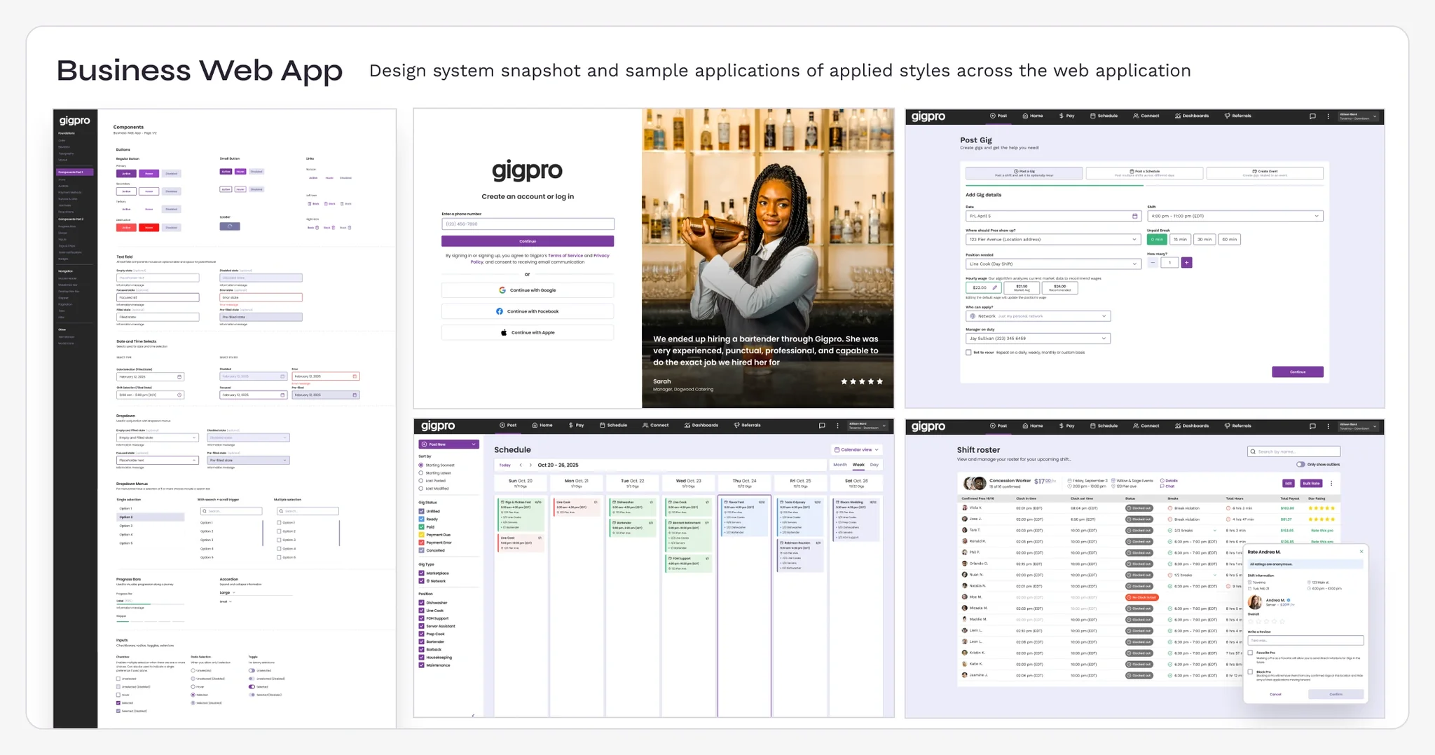 Business Web App design system panel: components, sign-up flow, post-a-gig form, schedule, and shift roster screens