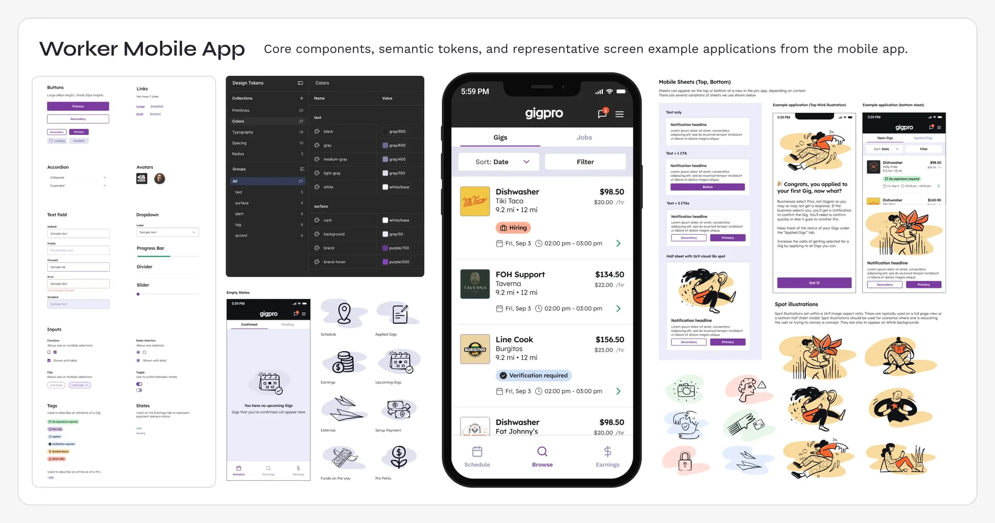 Worker Mobile App design system panel: buttons, links, design tokens, gig browse screen, empty states, and spot illustrations