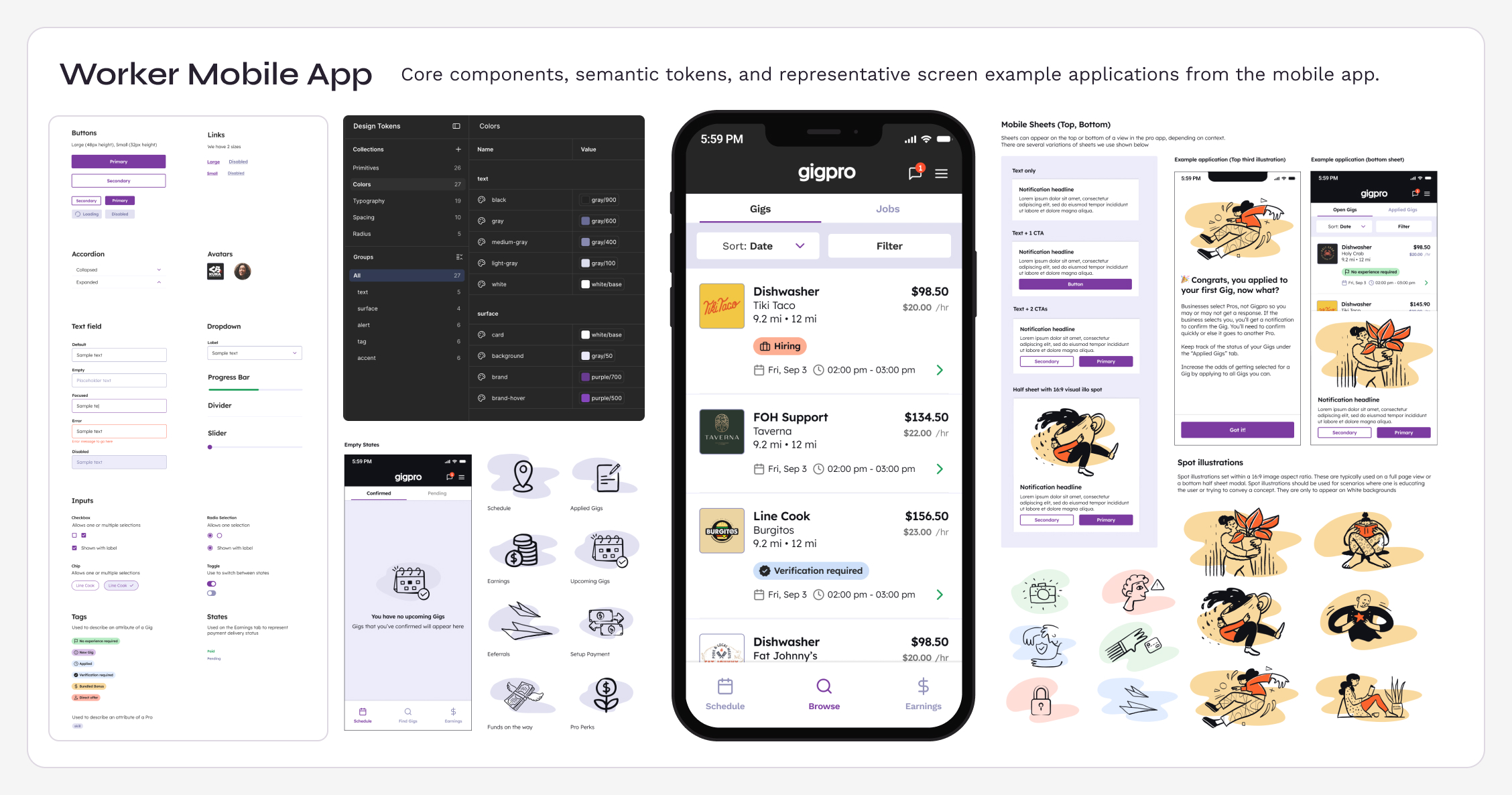 Worker Mobile App design system panel: buttons, links, design tokens, gig browse screen, empty states, and spot illustrations